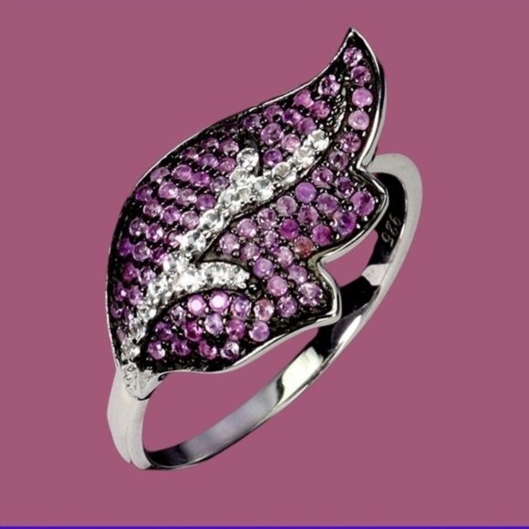 925 Sterling Silver Leaf-shaped Ring SZ 7 with Natural Ruby & Round White Topaz - Picture 2 of 3